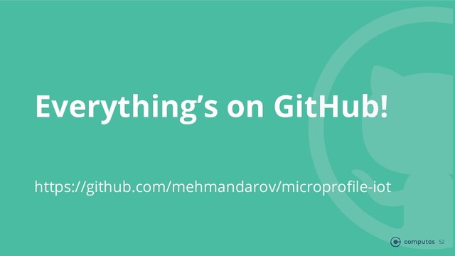 Everything’s on GitHub!
52
https://github.com/mehmandarov/microproﬁle-iot
