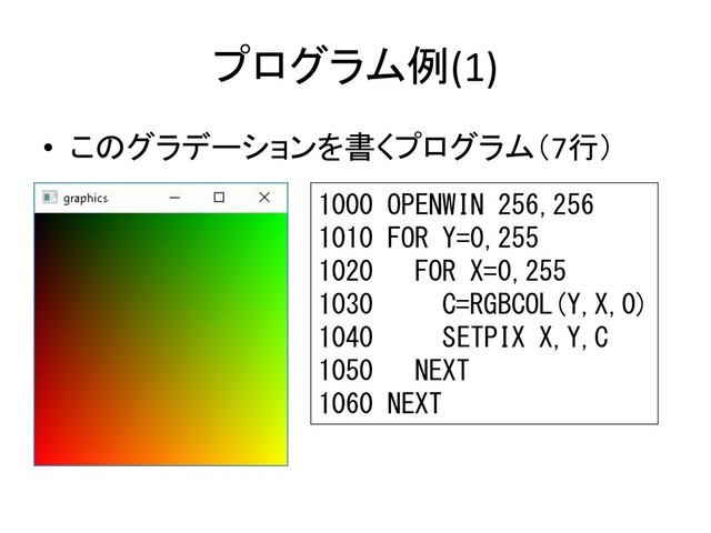 プログラム例(1)
• このグラデーションを書くプログラム（7行）
1000 OPENWIN 256,256
1010 FOR Y=0,255
1020 FOR X=0,255
1030 C=RGBCOL(Y,X,0)
1040 SETPIX X,Y,C
1050 NEXT
1060 NEXT
