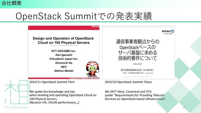 OpenStack Summitでの発表実績
41
2014/11 OpenStack Summit Paris
We spoke the knowledge and tips
when building and operating OpenStack Cloud on
100 Physical Servers.
(Neutron HA, VXLAN performance,,,)
会社概要
2015/10 OpenStack Summit Tokyo
We (NTT West, Canonical and VTJ)
spoke ”Requirements for Providing Telecom
Services on OpenStack-based Infrastructure”.
