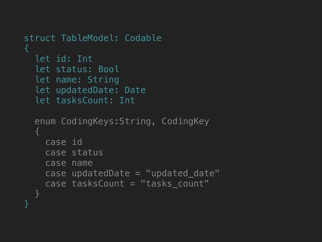 struct TableModel: Codable
{
let id: Int
let status: Bool
let name: String
let updatedDate: Date
let tasksCount: Int
enum CodingKeys:String, CodingKey
{
case id
case status
case name
case updatedDate = "updated_date"
case tasksCount = "tasks_count"
}
}
