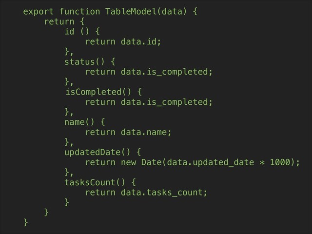 export function TableModel(data) {
return {
id () {
return data.id;
},
status() {
return data.is_completed;
},
isCompleted() {
return data.is_completed;
},
name() {
return data.name;
},
updatedDate() {
return new Date(data.updated_date * 1000);
},
tasksCount() {
return data.tasks_count;
}
}
}
