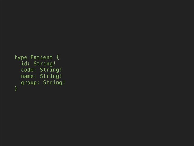 type Patient {
id: String!
code: String!
name: String!
group: String!
}
