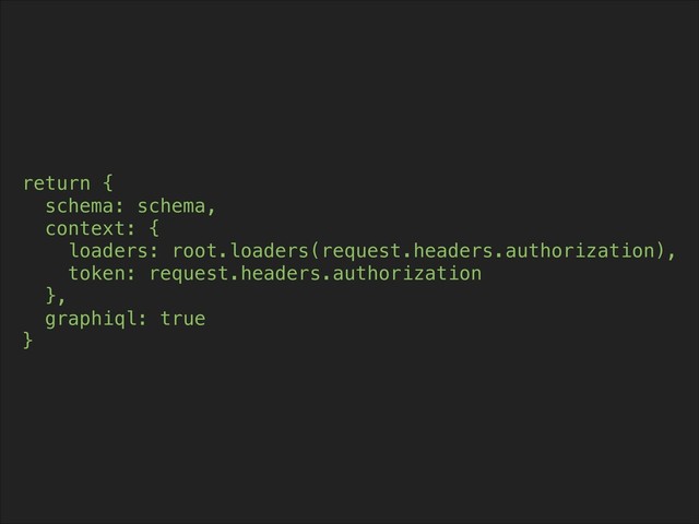 return {
schema: schema,
context: {
loaders: root.loaders(request.headers.authorization),
token: request.headers.authorization
},
graphiql: true
}
