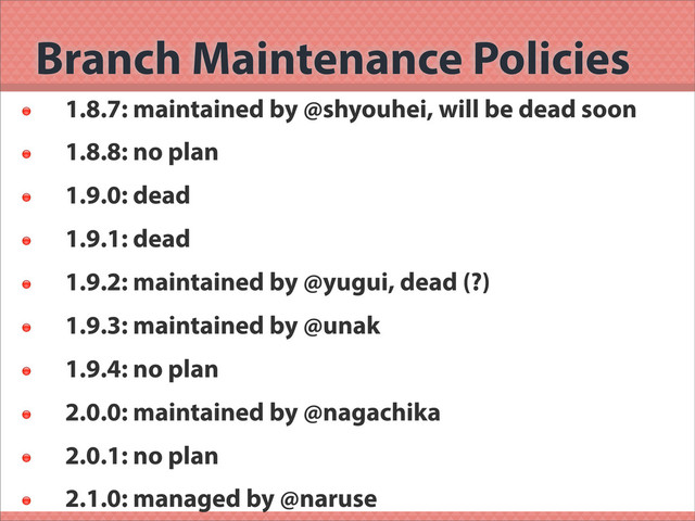 Branch Maintenance Policies

1.8.7: maintained by @shyouhei, will be dead soon

1.8.8: no plan

1.9.0: dead

1.9.1: dead

1.9.2: maintained by @yugui, dead (?)

1.9.3: maintained by @unak

1.9.4: no plan

2.0.0: maintained by @nagachika

2.0.1: no plan

2.1.0: managed by @naruse
