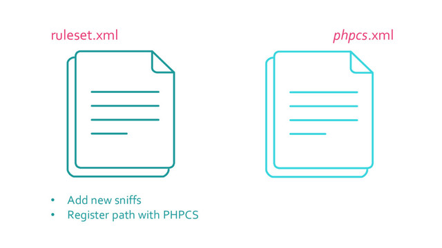 ruleset.xml phpcs.xml
• Add new sniffs
• Register path with PHPCS
