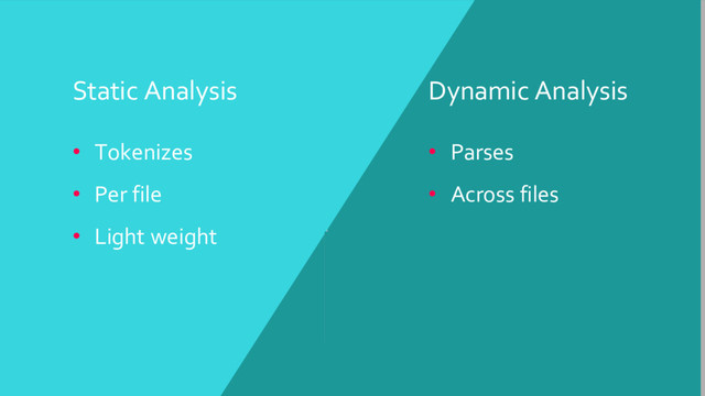 Static Analysis
• Tokenizes
• Per file
• Light weight
Dynamic Analysis
• Parses
• Across files
