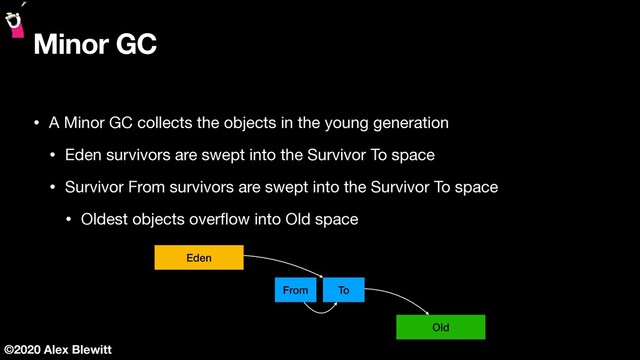 ©2020 Alex Blewitt
Minor GC
• A Minor GC collects the objects in the young generation

• Eden survivors are swept into the Survivor To space

• Survivor From survivors are swept into the Survivor To space

• Oldest objects overﬂow into Old space
Eden
To
Old
From
