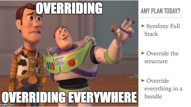 ANY PLAN TODAY?
➤ Symfony Full
Stack
➤ Override the
structure
➤ Override
everything in a
bundle
