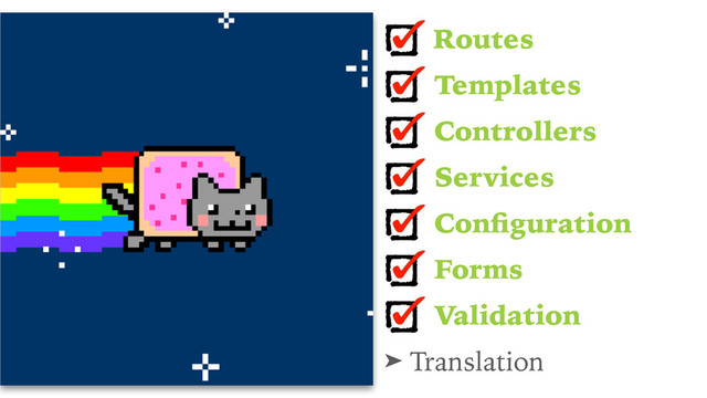 Routes
Templates
Controllers
Services
Conﬁguration
Forms
Validation
➤ Translation
