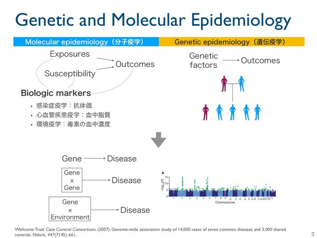 Genetic and Molecular Epidemiology
3
&YQPTVSFT
4VTDFQUJCJMJUZ
0VUDPNFT
#JPMPHJDNBSLFST
w ײછ঱Ӹֶɿ߅ମՁ
w ৺݂؅࣬ױӸֶɿ݂தࢷ࣭
w ؀ڥӸֶɿಟૉͷ݂தೱ౓
.PMFDVMBSFQJEFNJPMPHZʢ෼ࢠӸֶʣ (FOFUJDFQJEFNJPMPHZʢҨ఻Ӹֶʣ
(FOFUJD
GBDUPST
0VUDPNFT
Wellcome Trust Case Control Consortium. (2007). Genome-wide association study of 14,000 cases of seven common diseases and 3,000 shared
controls. Nature, 447(7145), 661.
(FOF %JTFBTF
%JTFBTF
(FOF
(FOF
º
(FOF
&OWJSPONFOU
º %JTFBTF
