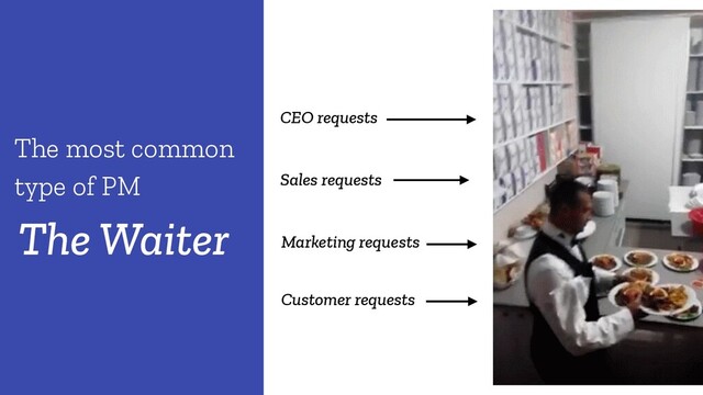 The Waiter
The most common
type of PM
CEO requests
Sales requests
Marketing requests
Customer requests
