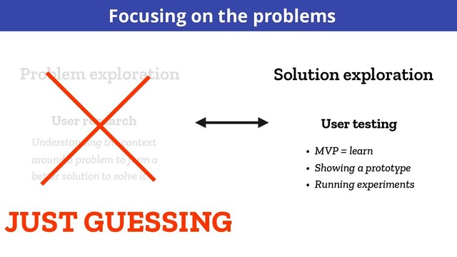 Solution exploration
Problem exploration
User research User testing
Understanding the context
around a problem to form a
better solution to solve it
• MVP = learn
• Showing a prototype
• Running experiments
JUST GUESSING
Focusing on the problems
