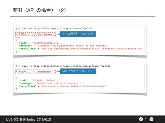 >
< 31
JJUG CCC 2016 Spring. 2016/05/21
࣮ྫʢAPI ͷ৔߹ʣʢ2ʣ
[~] curl -v http://localhost:8080/api/internal/hello?name=yoshida
...
< HTTP/1.1 403 Forbidden
...
{
"code" : "XNBzNfxhiJedzcj",
"message" : "AuthorizationException error.",
"errorClass" : "com.example.exception.AuthorizationException"
}
[~] curl -v http://localhost:8080/api/internal/hello
...
< HTTP/1.1 400 Bad Request
...
{
"code" : "oQhiQAZUmIUMplO",
"message" : "Required String parameter 'name' is not present",
"errorClass" : "org.springframework.web.bind.MissingServletRequestParameterException"
}
400 ͕ઃఆ͞Ε͍ͯΔ
403 ͕ઃఆ͞Ε͍ͯΔ

