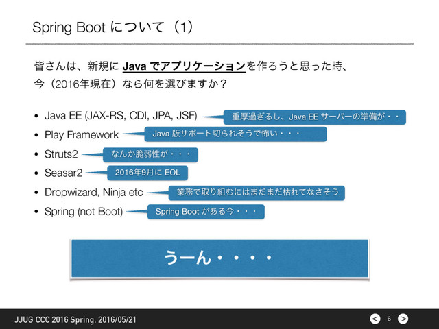 >
< 6
JJUG CCC 2016 Spring. 2016/05/21
• Java EE (JAX-RS, CDI, JPA, JSF)
• Play Framework
• Struts2
• Seasar2
• Dropwizard, Ninja etc
• Spring (not Boot)
օ͞Μ͸ɺ৽نʹ Java ͰΞϓϦέʔγϣϯΛ࡞Ζ͏ͱࢥͬͨ࣌ɺ
ࠓʢ2016೥ݱࡏʣͳΒԿΛબͼ·͔͢ʁ
Spring Boot ʹ͍ͭͯʢ1ʣ
͏ʔΜɾɾɾɾ
ॏްա͗Δ͠ɺJava EE αʔόʔͷ४උ͕ɾɾ

Java ൛αϙʔτ੾ΒΕͦ͏Ͱා͍ɾɾɾ

ͳΜ͔੬ऑੑ͕ɾɾɾ

2016೥9݄ʹ EOL

ۀ຿ͰऔΓ૊Ήʹ͸·ͩ·ͩރΕͯͳͦ͞͏

Spring Boot ͕͋Δࠓɾɾɾ


