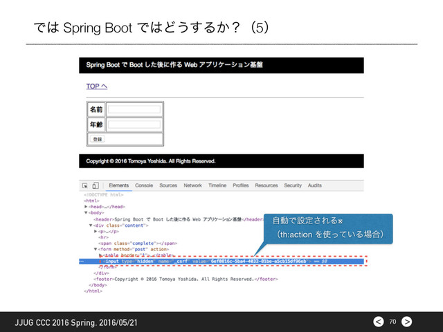 >
< 70
JJUG CCC 2016 Spring. 2016/05/21
Ͱ͸ Spring Boot Ͱ͸Ͳ͏͢Δ͔ʁʢ5ʣ
ࣗಈͰઃఆ͞ΕΔ※

ʢth:action Λ࢖͍ͬͯΔ৔߹ʣ

