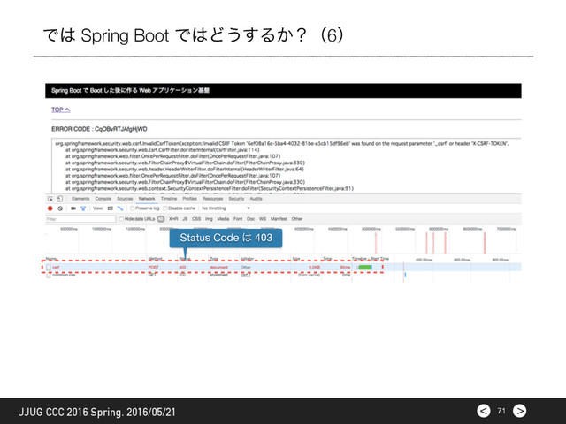 >
< 71
JJUG CCC 2016 Spring. 2016/05/21
Ͱ͸ Spring Boot Ͱ͸Ͳ͏͢Δ͔ʁʢ6ʣ
Status Code ͸ 403
