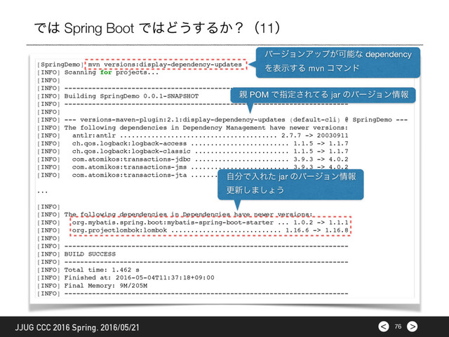 >
< 76
JJUG CCC 2016 Spring. 2016/05/21
Ͱ͸ Spring Boot Ͱ͸Ͳ͏͢Δ͔ʁʢ11ʣ
[SpringDemo] mvn versions:display-dependency-updates
[INFO] Scanning for projects...
[INFO]
[INFO] ------------------------------------------------------------------------
[INFO] Building SpringDemo 0.0.1-SNAPSHOT
[INFO] ------------------------------------------------------------------------
[INFO]
[INFO] --- versions-maven-plugin:2.1:display-dependency-updates (default-cli) @ SpringDemo ---
[INFO] The following dependencies in Dependency Management have newer versions:
[INFO] antlr:antlr ........................................ 2.7.7 -> 20030911
[INFO] ch.qos.logback:logback-access ......................... 1.1.5 -> 1.1.7
[INFO] ch.qos.logback:logback-classic ........................ 1.1.5 -> 1.1.7
[INFO] com.atomikos:transactions-jdbc ........................ 3.9.3 -> 4.0.2
[INFO] com.atomikos:transactions-jms ......................... 3.9.3 -> 4.0.2
[INFO] com.atomikos:transactions-jta ......................... 3.9.3 -> 4.0.2
...
[INFO]
[INFO] The following dependencies in Dependencies have newer versions:
[INFO] org.mybatis.spring.boot:mybatis-spring-boot-starter ... 1.0.2 -> 1.1.1
[INFO] org.projectlombok:lombok ............................ 1.16.6 -> 1.16.8
[INFO]
[INFO] ------------------------------------------------------------------------
[INFO] BUILD SUCCESS
[INFO] ------------------------------------------------------------------------
[INFO] Total time: 1.462 s
[INFO] Finished at: 2016-05-04T11:37:18+09:00
[INFO] Final Memory: 9M/205M
[INFO] ------------------------------------------------------------------------
਌ POM Ͱࢦఆ͞ΕͯΔ jar ͷόʔδϣϯ৘ใ
όʔδϣϯΞοϓ͕Մೳͳ dependency
Λදࣔ͢Δ mvn ίϚϯυ
ࣗ෼ͰೖΕͨ jar ͷόʔδϣϯ৘ใ

ߋ৽͠·͠ΐ͏
