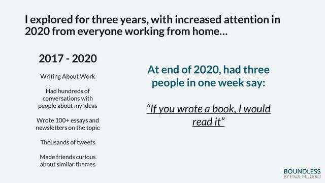 I explored for three years, with increased attention in
2020 from everyone working from home…
2017 - 2020
Writing About Work
Had hundreds of
conversations with
people about my ideas
Wrote 100+ essays and
newsletters on the topic
Thousands of tweets
Made friends curious
about similar themes
At end of 2020, had three
people in one week say:
“If you wrote a book, I would
read it”
