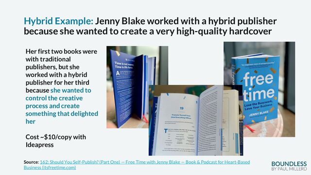 Hybrid Example: Jenny Blake worked with a hybrid publisher
because she wanted to create a very high-quality hardcover
Her first two books were
with traditional
publishers, but she
worked with a hybrid
publisher for her third
because she wanted to
control the creative
process and create
something that delighted
her
Cost ~$10/copy with
Ideapress
Source: 162: Should You Self-Publish? (Part One) — Free Time with Jenny Blake — Book & Podcast for Heart-Based
Business (itsfreetime.com)
