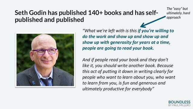 Seth Godin has published 140+ books and has self-
published and published
“What we're left with is this if you're willing to
do the work and show up and show up and
show up with generosity for years at a time,
people are going to read your book.
And if people read your book and they don't
like it, you should write another book. Because
this act of putting it down in writing clearly for
people who want to learn about you, who want
to learn from you, is fun and generous and
ultimately productive for everybody”
The “easy” but
ultimately, hard
approach
