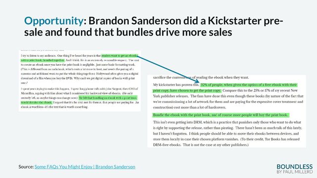 Opportunity: Brandon Sanderson did a Kickstarter pre-
sale and found that bundles drive more sales
Source: Some FAQs You Might Enjoy | Brandon Sanderson

