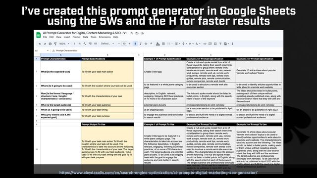 SEO SUCCESS IN 2024 BY @ALEYDA FROM ORAINTI AT #IGBAFFILIATE
I’ve created this prompt generator in Google Sheets


using the 5Ws and the H for faster results
https://www.aleydasolis.com/en/search-engine-optimization/ai-prompts-digital-marketing-seo-generator/
