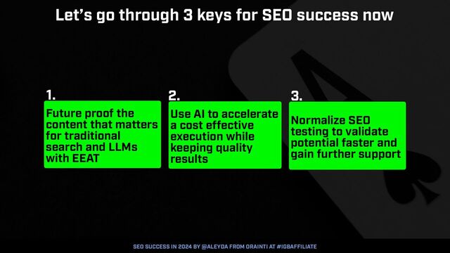 SEO SUCCESS IN 2024 BY @ALEYDA FROM ORAINTI AT #IGBAFFILIATE
Let’s go through 3 keys for SEO success now
Use AI to accelerate
a cost effective
execution while
keeping quality
results
Future proof the
content that matters
for traditional
search and LLMs
with EEAT
Normalize SEO
testing to validate
potential faster and
gain further support
2.
1. 3.
