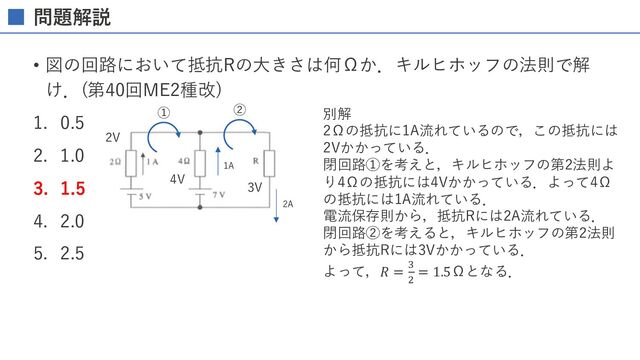 問題解説
• 図の回路において抵抗Rの⼤きさは何Ωか．キルヒホッフの法則で解
け．(第40回ME2種改)
1. 0.5
2. 1.0
3. 1.5
4. 2.0
5. 2.5
別解
2Ωの抵抗に1A流れているので，この抵抗には
2Vかかっている．
閉回路①を考えと，キルヒホッフの第2法則よ
り4Ωの抵抗には4Vかかっている．よって4Ω
の抵抗には1A流れている．
電流保存則から，抵抗Rには2A流れている．
閉回路②を考えると，キルヒホッフの第2法則
から抵抗Rには3Vかかっている．
よって，𝑅 = !
#
= 1.5Ωとなる．
1A
2A
2V
4V
3V
① ②

