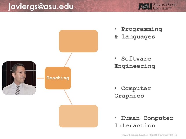 Javier Gonzalez-Sanchez | CSE360 | Summer 2018 | 4
Teaching
javiergs@asu.edu
• Programming
& Languages
• Software
Engineering
• Computer
Graphics
• Human-Computer
Interaction
