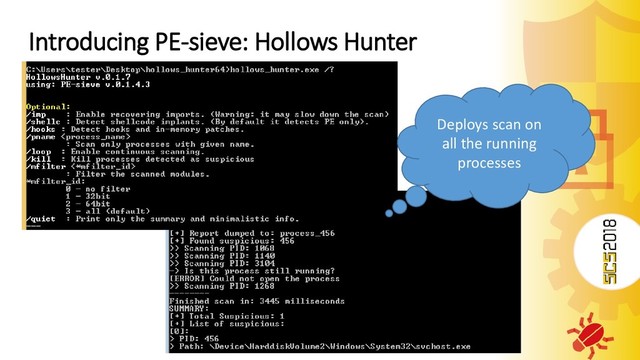 Introducing PE-sieve: Hollows Hunter
Deploys scan on
all the running
processes
