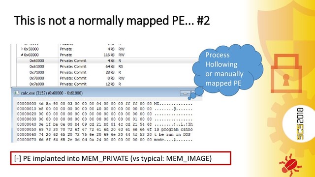 This is not a normally mapped PE... #2
[-] PE implanted into MEM_PRIVATE (vs typical: MEM_IMAGE)
Process
Hollowing
or manually
mapped PE
