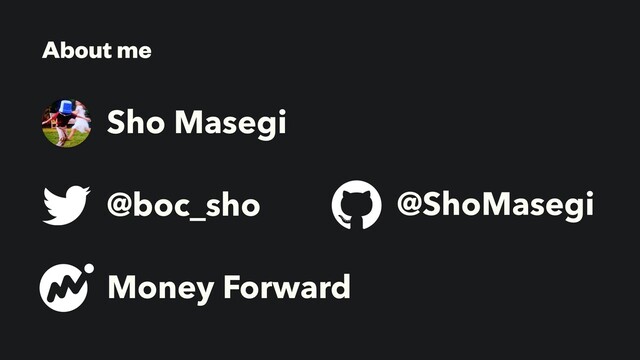 About me
Sho Masegi
@boc_sho @ShoMasegi
Money Forward
