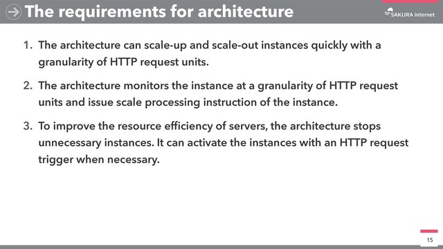 1. The architecture can scale-up and scale-out instances quickly with a
granularity of HTTP request units.
2. The architecture monitors the instance at a granularity of HTTP request
units and issue scale processing instruction of the instance.
3. To improve the resource efﬁciency of servers, the architecture stops
unnecessary instances. It can activate the instances with an HTTP request
trigger when necessary.
15
The requirements for architecture
