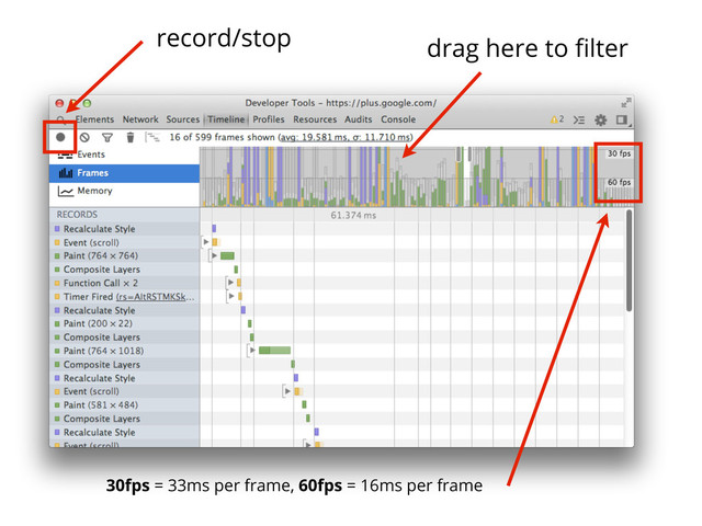 drag here to ﬁlter
record/stop
30fps = 33ms per frame, 60fps = 16ms per frame
