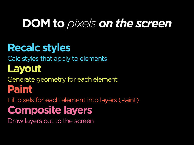 DOM to pixels on the screen
Recalc styles
Calc styles that apply to elements
Layout
Generate geometry for each element
Paint
Fill pixels for each element into layers (Paint)
Composite layers
Draw layers out to the screen
