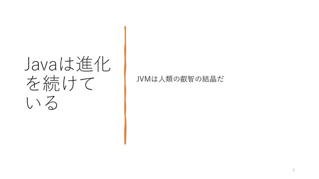 Javaは進化
を続けて
いる
JVMは人類の叡智の結晶だ
7
