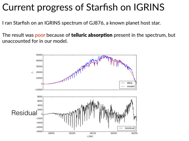 Current  progress  of  Starﬁsh  on  IGRINS
I  ran  Starﬁsh  on  an  IGRINS  spectrum  of  GJ876,  a  known  planet  host  star.  
The  result  was  poor  because  of  telluric  absorp/on  present  in  the  spectrum,  but  
unaccounted  for  in  our  model.
Residual
