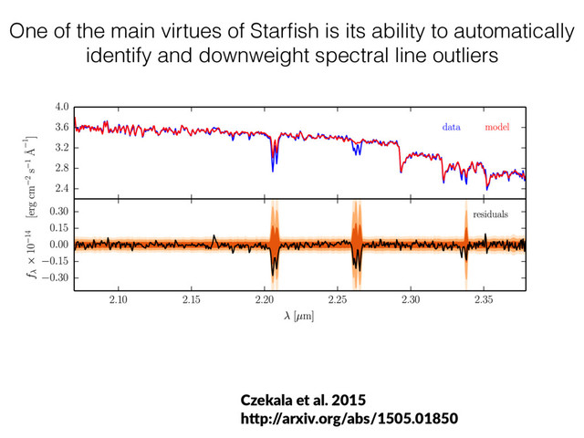 One of the main virtues of Starﬁsh is its ability to automatically
identify and downweight spectral line outliers
Czekala  et  al.  2015  
hHp:/
/arxiv.org/abs/1505.01850  
