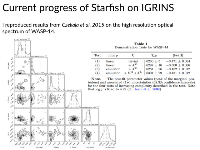 Current  progress  of  Starﬁsh  on  IGRINS
I  reproduced  results  from  Czekala  et  al.  2015  on  the  high  resolu7on  op7cal  
spectrum  of  WASP-­‐14.
