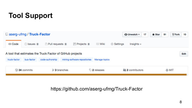 Tool Support
8
https://github.com/aserg-ufmg/Truck-Factor

