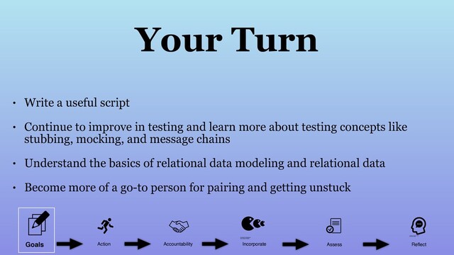 • Write a useful script
• Continue to improve in testing and learn more about testing concepts like
stubbing, mocking, and message chains
• Understand the basics of relational data modeling and relational data
• Become more of a go-to person for pairing and getting unstuck
Your Turn
Action Accountability Incorporate Assess Reﬂect
Goals

