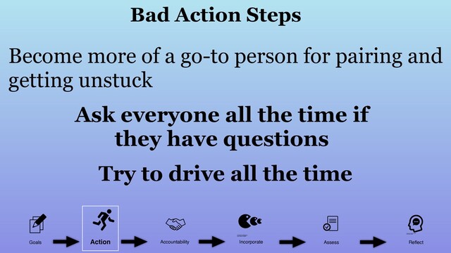 Become more of a go-to person for pairing and
getting unstuck
Ask everyone all the time if
they have questions
Try to drive all the time
Bad Action Steps
Goals Accountability Incorporate Assess Reﬂect
Action
