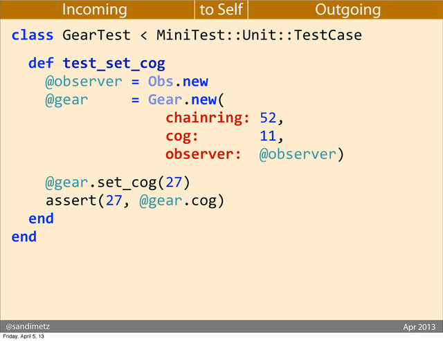 @sandimetz GoGaRuCo 2012
@sandimetz Apr 2013
to Self
Incoming Outgoing
class	  GearTest	  <	  MiniTest::Unit::TestCase
	  	  def	  test_set_cog
	  	  	  	  @observer	  =	  Obs.new
	  	  	  	  @gear	  	  	  	  	  =	  Gear.new(
	  	  	  	  	  	  	  	  	  	  	  	  	  	  	  	  	  	  chainring:	  52,
	  	  	  	  	  	  	  	  	  	  	  	  	  	  	  	  	  	  cog:	  	  	  	  	  	  	  11,
	  	  	  	  	  	  	  	  	  	  	  	  	  	  	  	  	  	  observer:	  	  @observer)
	  	  	  	  @gear.set_cog(27)
	  	  	  	  assert(27,	  @gear.cog)
	  	  end
end
Friday, April 5, 13
