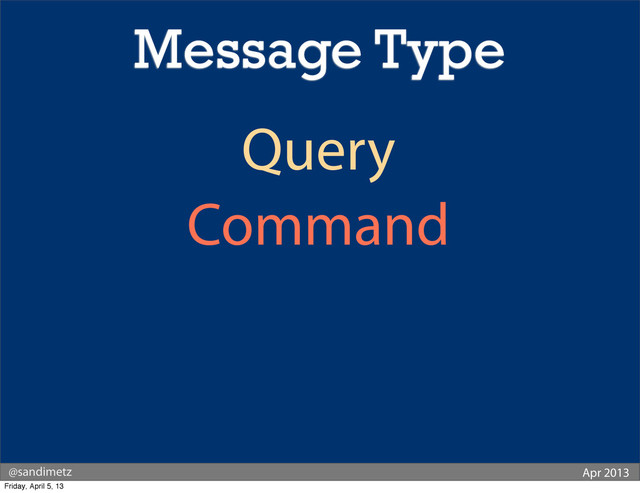 @sandimetz Apr 2013
Query
Command
Message Type
Friday, April 5, 13

