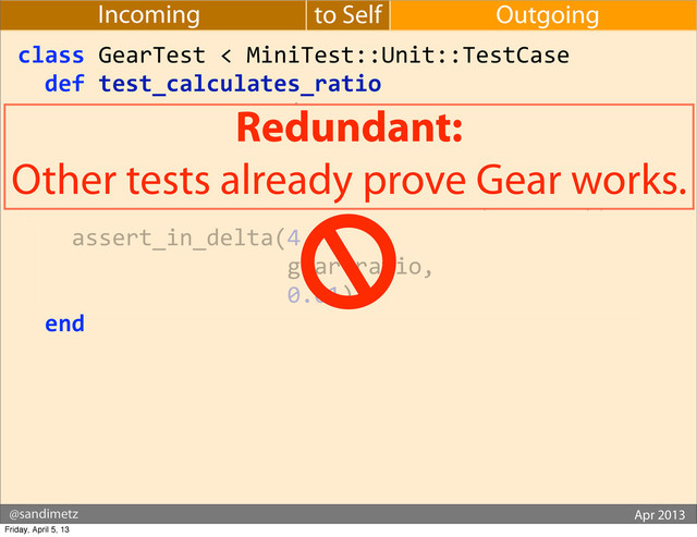 @sandimetz GoGaRuCo 2012
@sandimetz Apr 2013
to Self Outgoing
Incoming
class	  GearTest	  <	  MiniTest::Unit::TestCase
	  	  def	  test_calculates_ratio
	  	  	  	  gear	  =	  	  Gear.new(
	  	  	  	  	  	  	  	  	  	  	  	  	  	  chainring:	  52,
	  	  	  	  	  	  	  	  	  	  	  	  	  	  cog:	  	  	  	  	  	  	  11,
	  	  	  	  	  	  	  	  	  	  	  	  	  	  wheel:	  	  	  	  	  Wheel.new(26,	  1.5))
	  	  	  	  assert_in_delta(4.7,
	  	  	  	  	  	  	  	  	  	  	  	  	  	  	  	  	  	  	  	  gear.ratio,
	  	  	  	  	  	  	  	  	  	  	  	  	  	  	  	  	  	  	  	  0.01)
	  	  end
Redundant:
Other tests already prove Gear works.
Friday, April 5, 13
