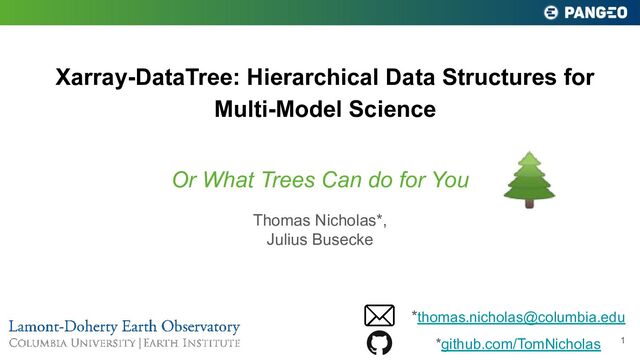 Xarray-DataTree: Hierarchical Data Structures for
Multi-Model Science
Thomas Nicholas*,
Julius Busecke
Or What Trees Can do for You
1
*thomas.nicholas@columbia.edu
*github.com/TomNicholas
