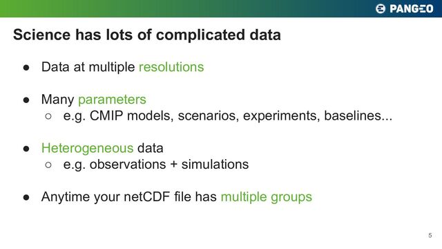 ● Data at multiple resolutions
● Many parameters
○ e.g. CMIP models, scenarios, experiments, baselines...
● Heterogeneous data
○ e.g. observations + simulations
● Anytime your netCDF file has multiple groups
Science has lots of complicated data
5
