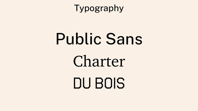 Typography
Public Sans
Charter
DU BOIS
