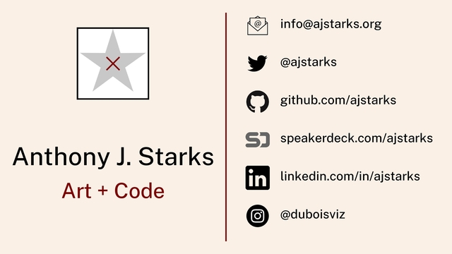Anthony J. Starks
Art + Code
info@ajstarks.org
@ajstarks
github.com/ajstarks
speakerdeck.com/ajstarks
linkedin.com/in/ajstarks
@duboisviz
