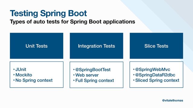 Testing Spring Boot
Types of auto tests for Spring Boot applications
Unit Tests
‣JUnit


‣Mockito


‣No Spring context
Integration Tests
‣@SpringBootTest


‣Web server


‣Full Spring context
Slice Tests
‣@SpringWebMvc


‣@SpringDataR2dbc


‣Sliced Spring context
@vitalethomas
